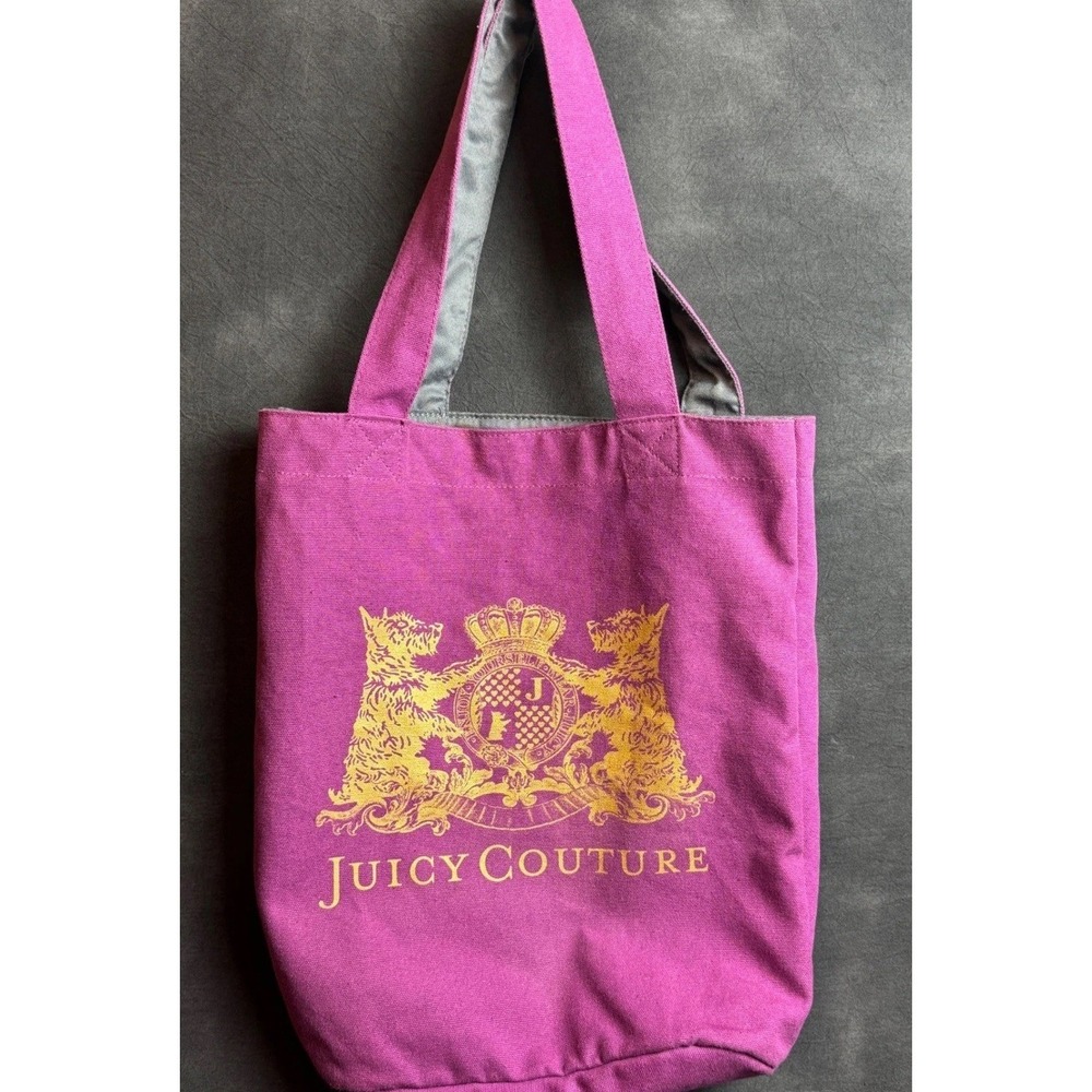 Juicy Couture Pink Canvas Tote Bag Gold Logo Graphic Y2K Streetwear Minimalist